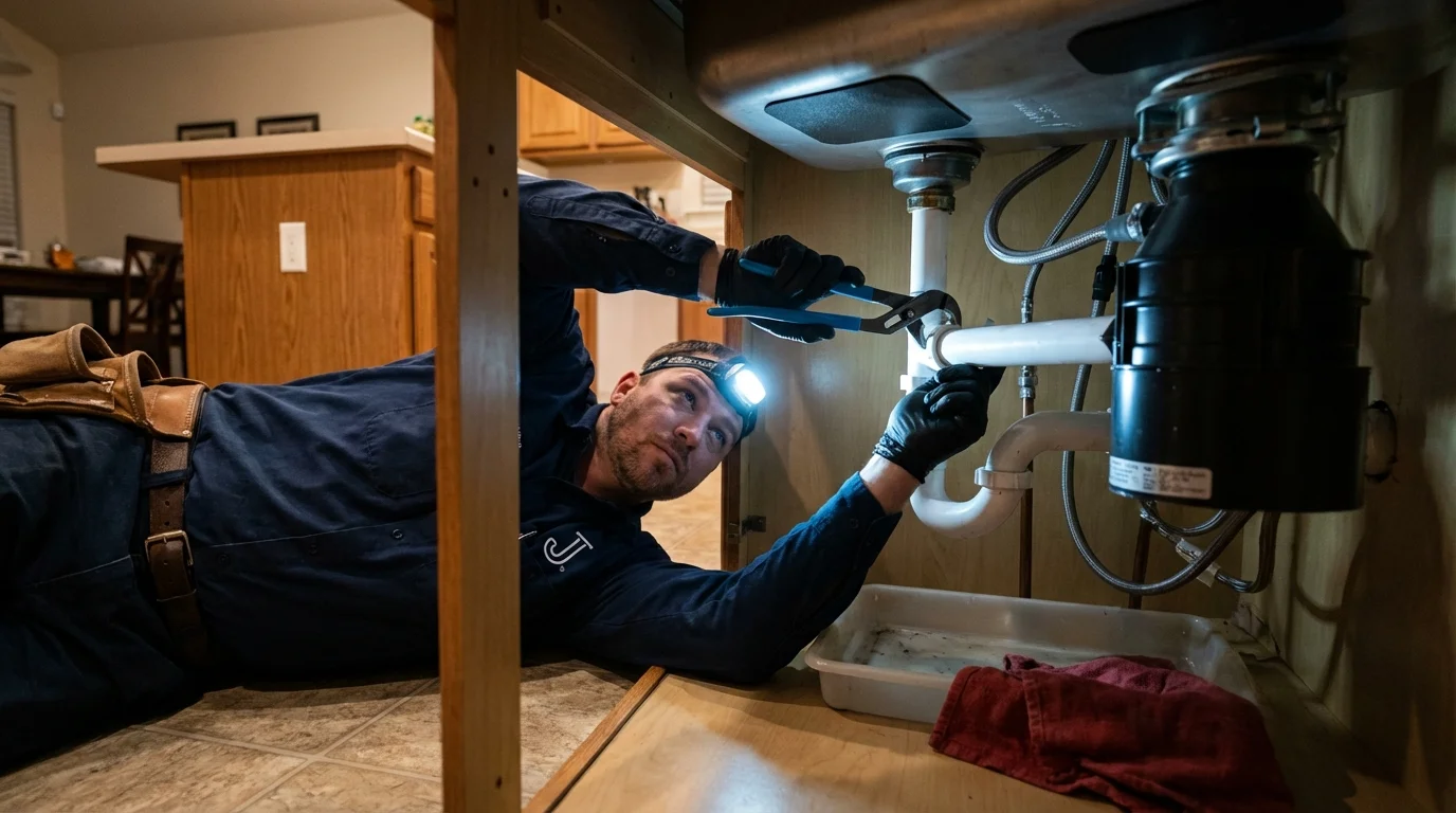P-trap and supply line connections under a kitchen sink showing a common leak point in Bridgeport, CT